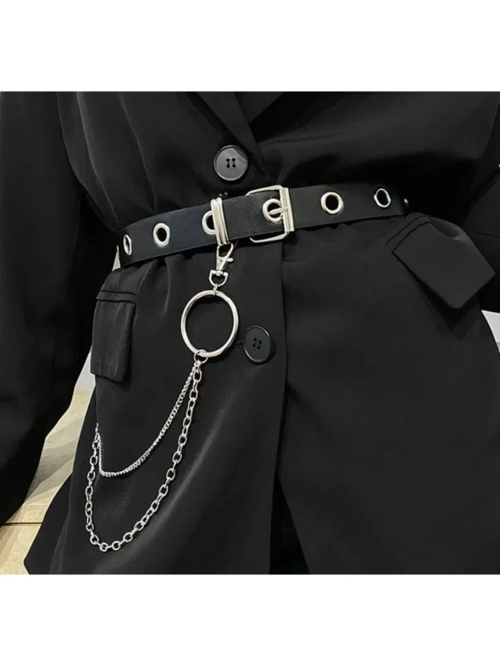 Silver Chains & Ring Belt Accessory Adjustable Punk Rock Style